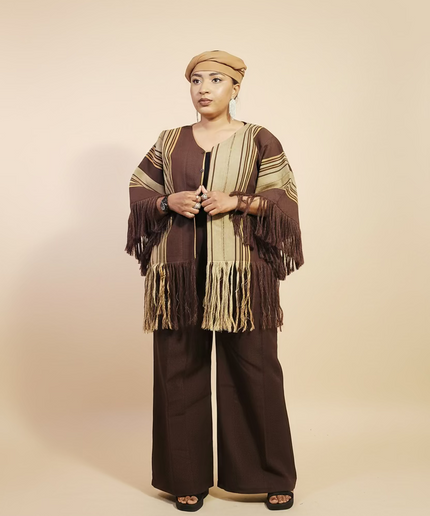 Ensemble pantalon aso oke à fringe - Marron