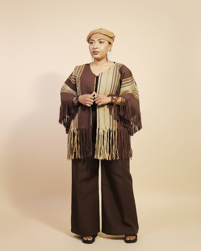 Ensemble pantalon aso oke à fringe - Marron