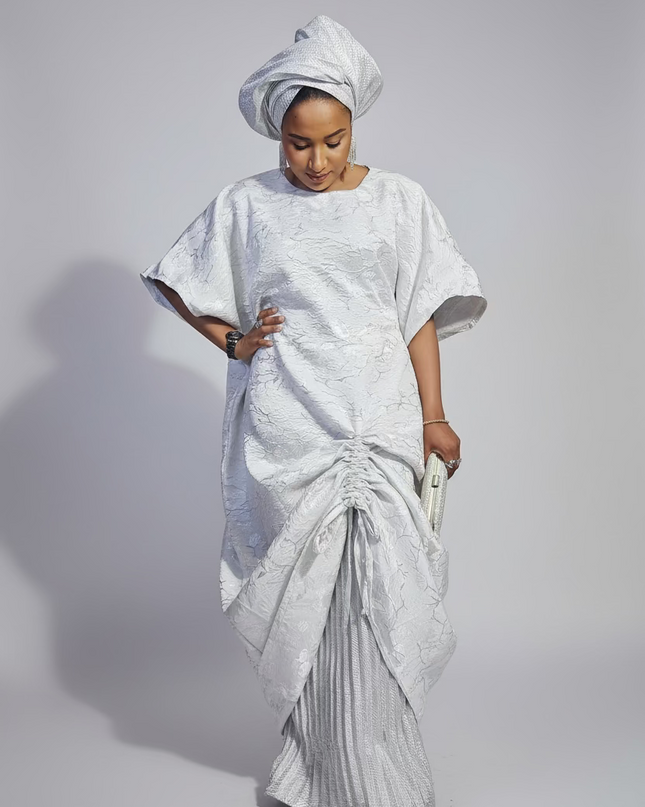 Ensemble brocart rétractable avec sous robe plissé - Blanc