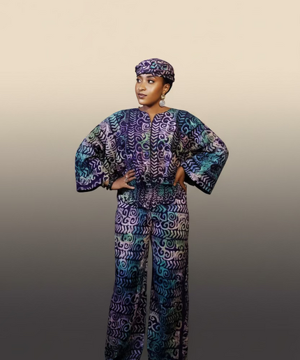 Ensemble pantalon adire bewaji - bleu violet