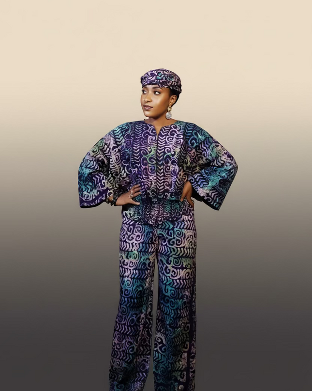 Ensemble pantalon adire bewaji - bleu violet