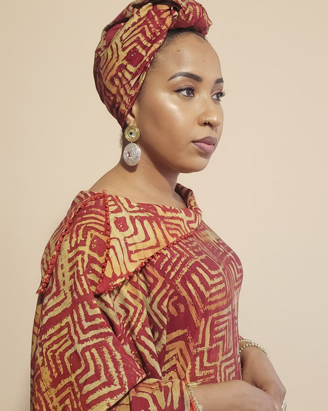Boubou adire dempé perlé ileri - Rouge