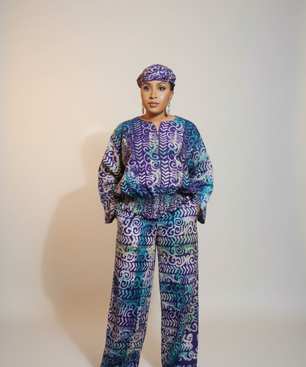 Ensemble pantalon adire bewaji - bleu violet