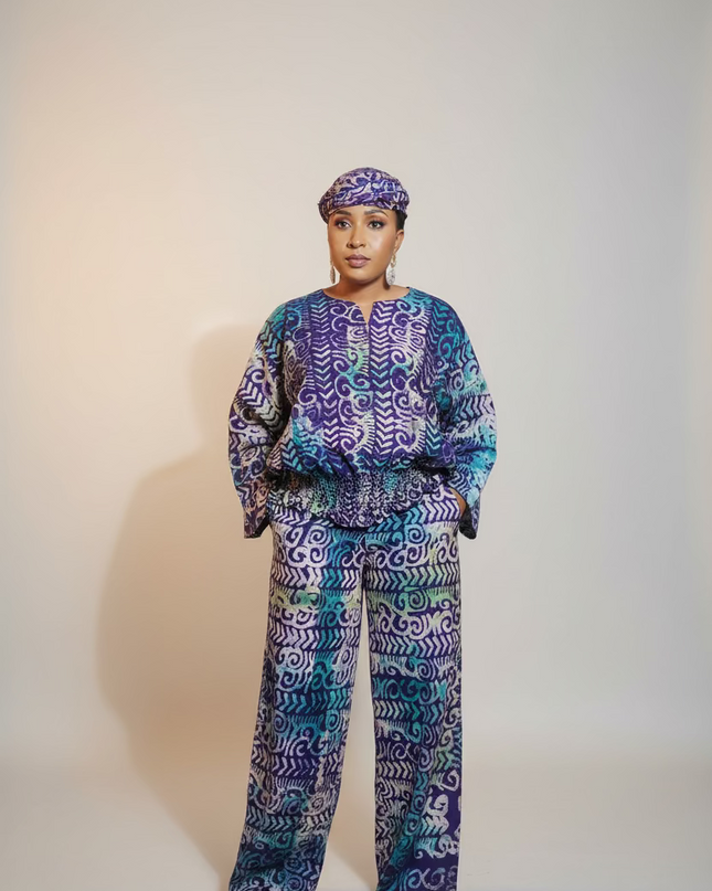 Ensemble pantalon adire bewaji - bleu violet