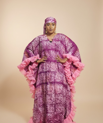 Boubou crepe adire à froufrou - Rose fuchsia