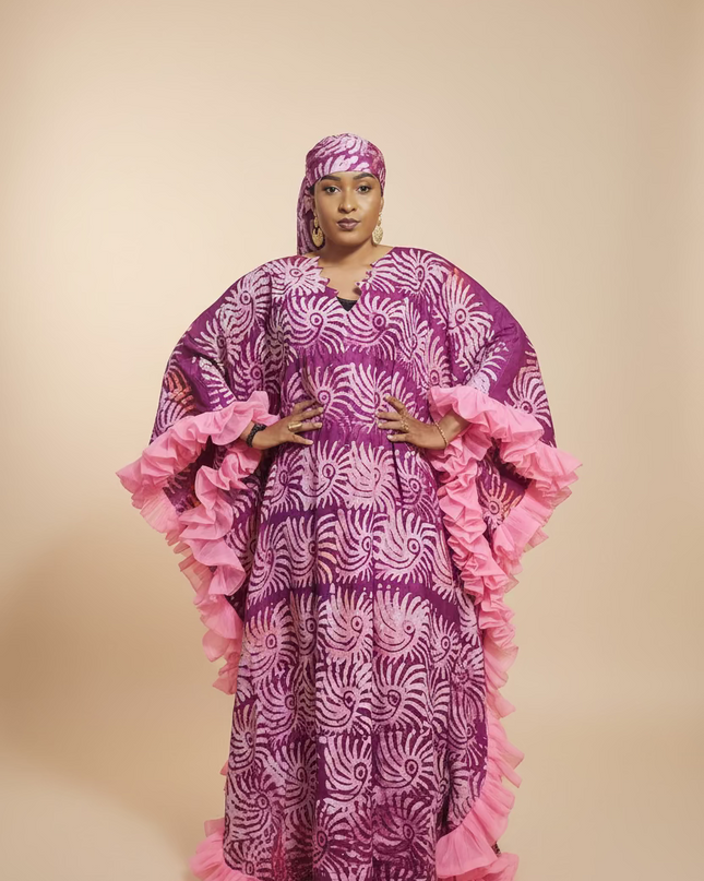 Boubou crepe adire à froufrou - Rose fuchsia
