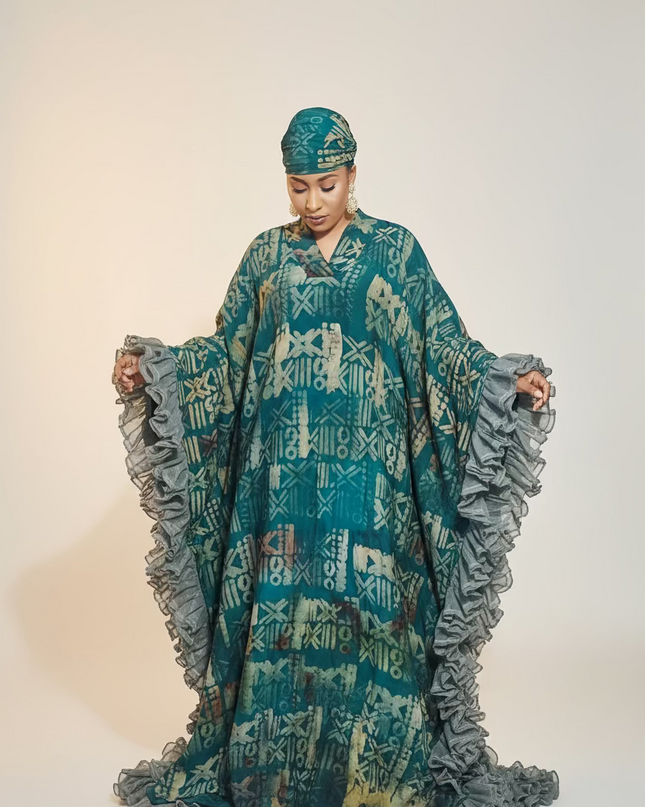 Boubou crepe adire à froufrou - Vert