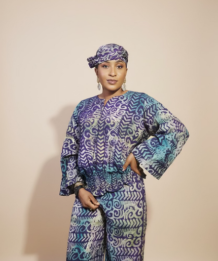 Ensemble pantalon adire bewaji - bleu violet