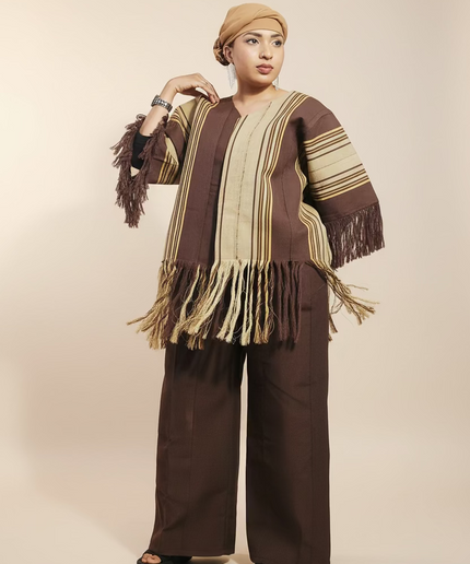 Ensemble pantalon aso oke à fringe - Marron
