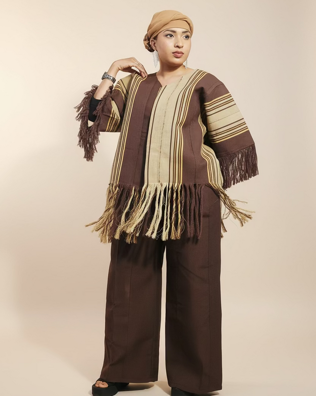 Ensemble pantalon aso oke à fringe - Marron