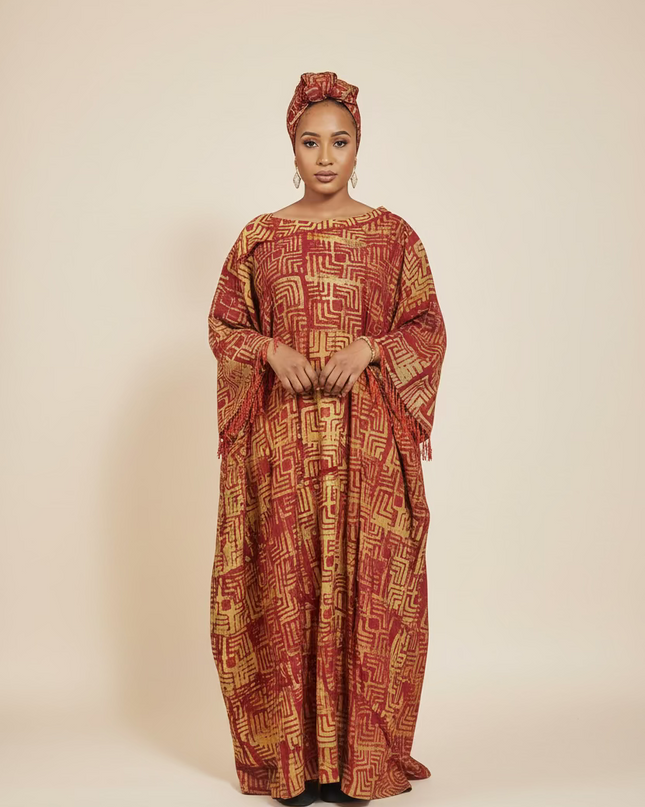Boubou adire dempé perlé ileri - Rouge