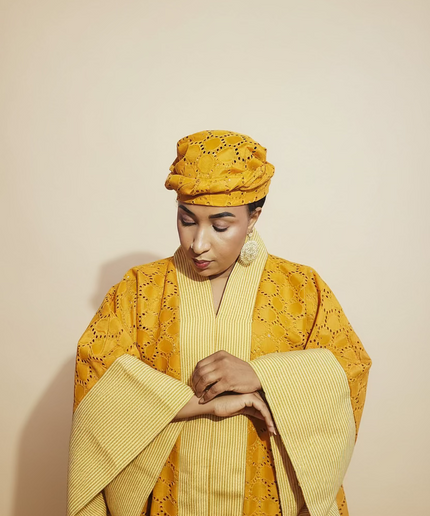 Robe morenike dentelle aso oke - Jaune moutarde II