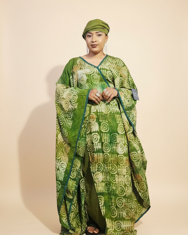 Boubou adire crepe avec jupe - Vert