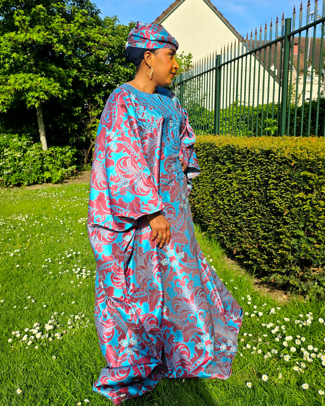 Boubou damask brodé - Bleu rouge