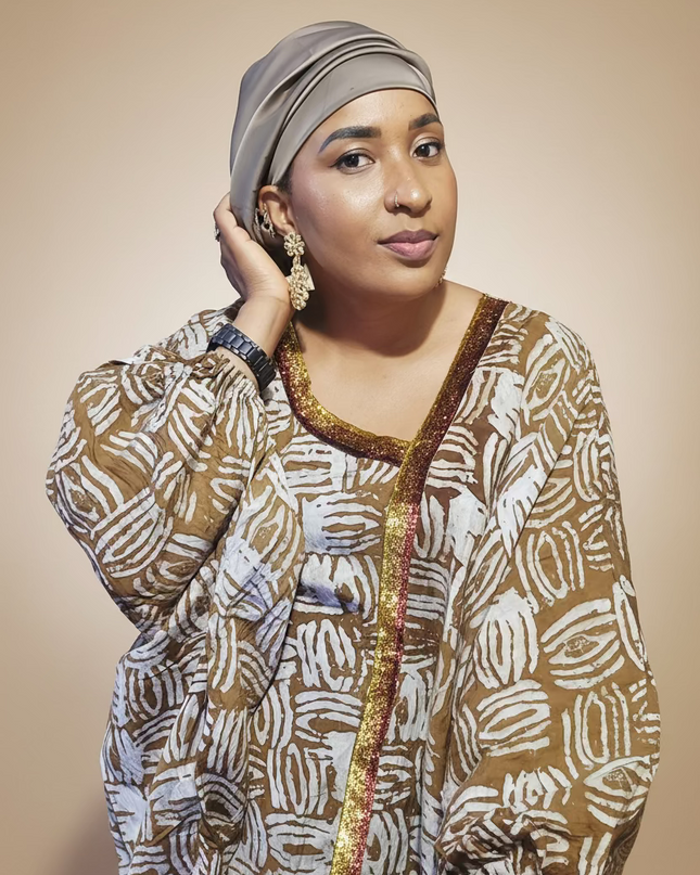 Boubou adire crêpe au bandeau - Marron