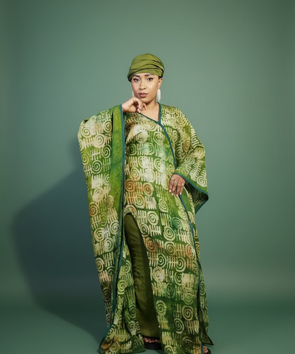 Boubou adire crepe avec jupe - Vert