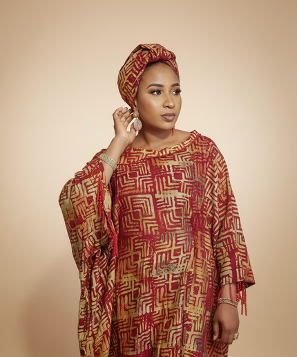 Boubou adire dempé perlé ileri - Rouge