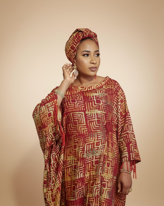 Boubou adire dempé perlé ileri - Rouge