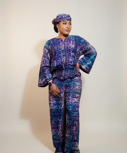 Ensemble pantalon adire bewaji - bleu violet
