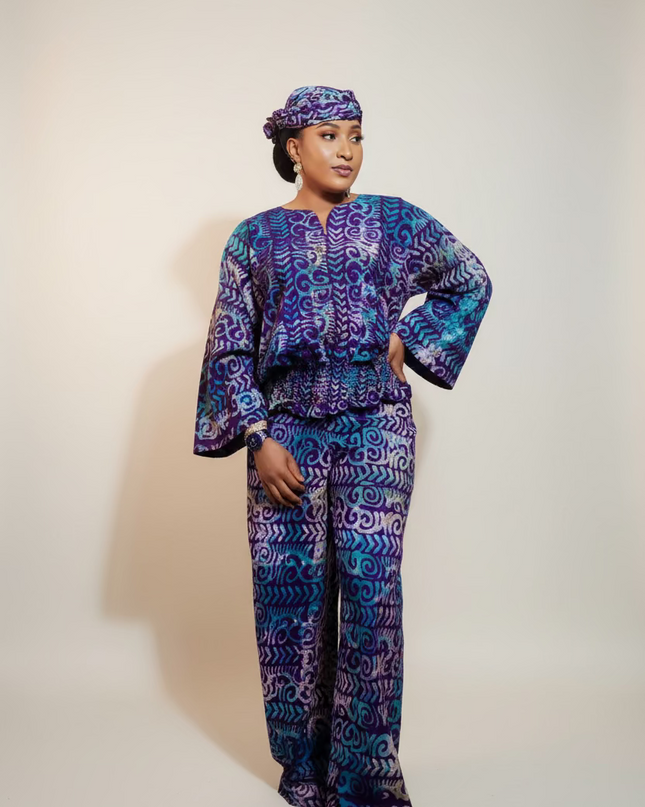 Ensemble pantalon adire bewaji - bleu violet