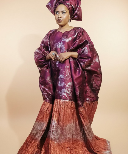 Boubou brocart plissé  - Bordeaux orange