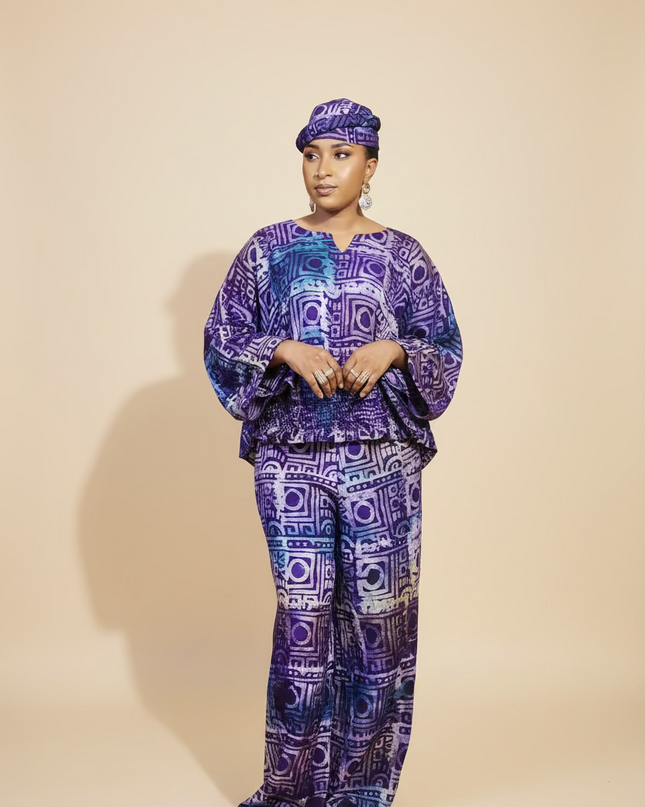 Ensemble pantalon adire folami - Bleu violet
