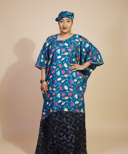 Caftan dentelle indienne - organza - Bleu black