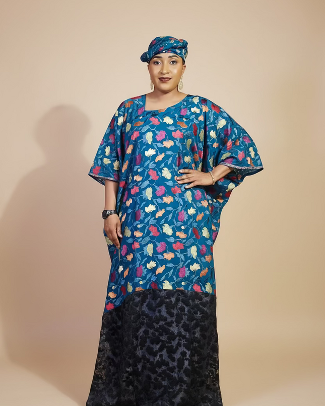 Caftan dentelle indienne - organza - Bleu black