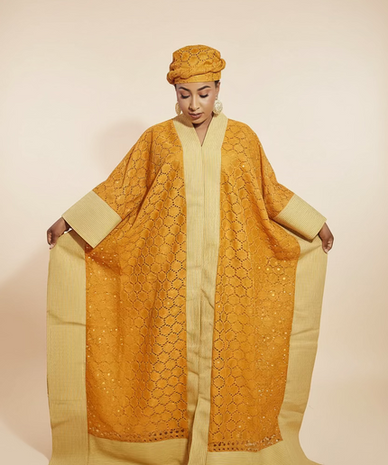 Robe morenike dentelle aso oke - Jaune moutarde II