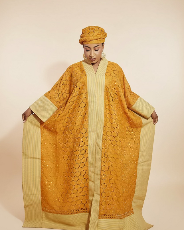 Robe morenike dentelle aso oke - Jaune moutarde II