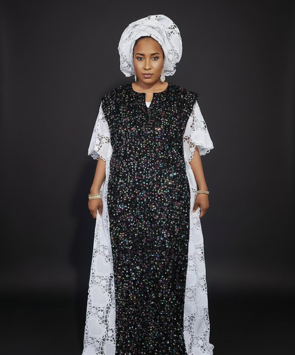 Robe africaine dentelle velours pailleté  - Blanc
