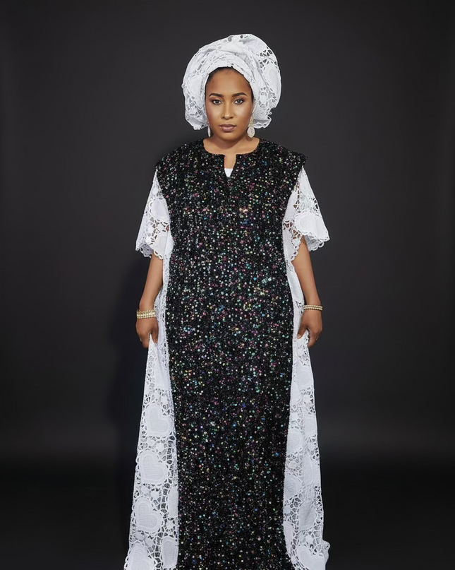 Robe africaine dentelle velours pailleté  - Blanc