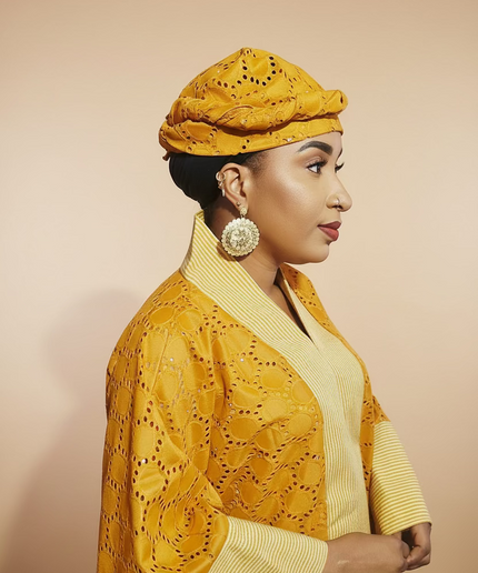 Robe morenike dentelle aso oke - Jaune moutarde II
