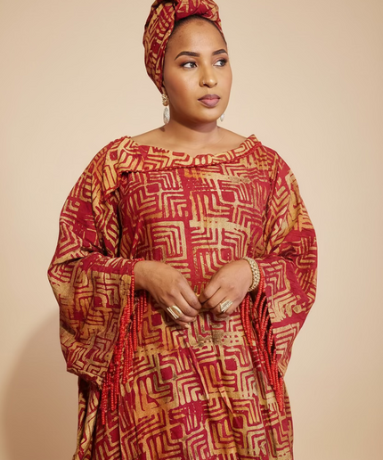 Boubou adire dempé perlé ileri - Rouge