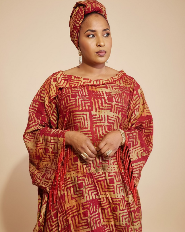 Boubou adire dempé perlé ileri - Rouge