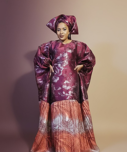 Boubou brocart plissé  - Bordeaux orange