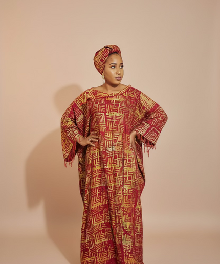 Boubou adire dempé perlé ileri - Rouge