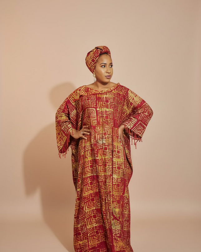 Boubou adire dempé perlé ileri - Rouge