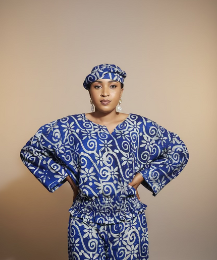 Ensemble pantalon adire folakemi - Bleu blanc