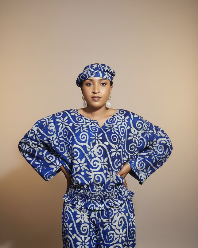 Ensemble pantalon adire folakemi - Bleu blanc
