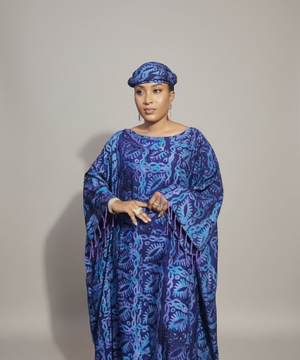 Boubou adire dempé perlé motunrayo - Bleu nuit
