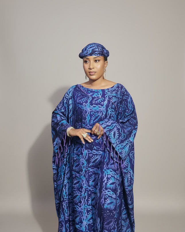 Boubou adire dempé perlé motunrayo - Bleu nuit