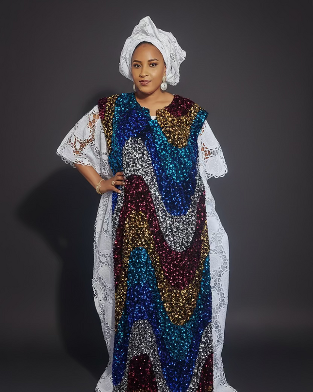 Robe africaine dentelle velours pailleté  - Blanc II