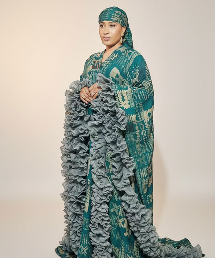 Boubou crepe adire à froufrou - Vert