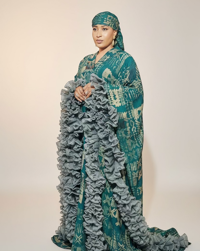 Boubou crepe adire à froufrou - Vert