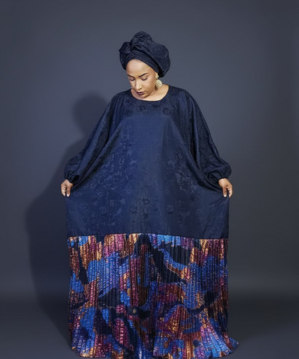 Boubou brocart plissé damask - Bleu nuit