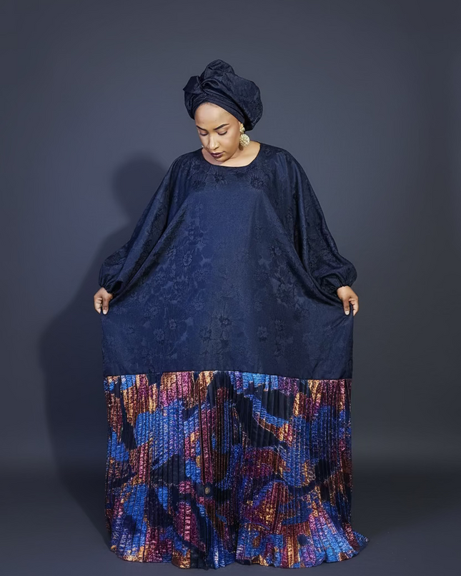 Boubou brocart plissé damask - Bleu nuit