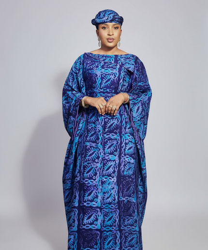 Boubou adire dempé perlé motunrayo - Bleu nuit
