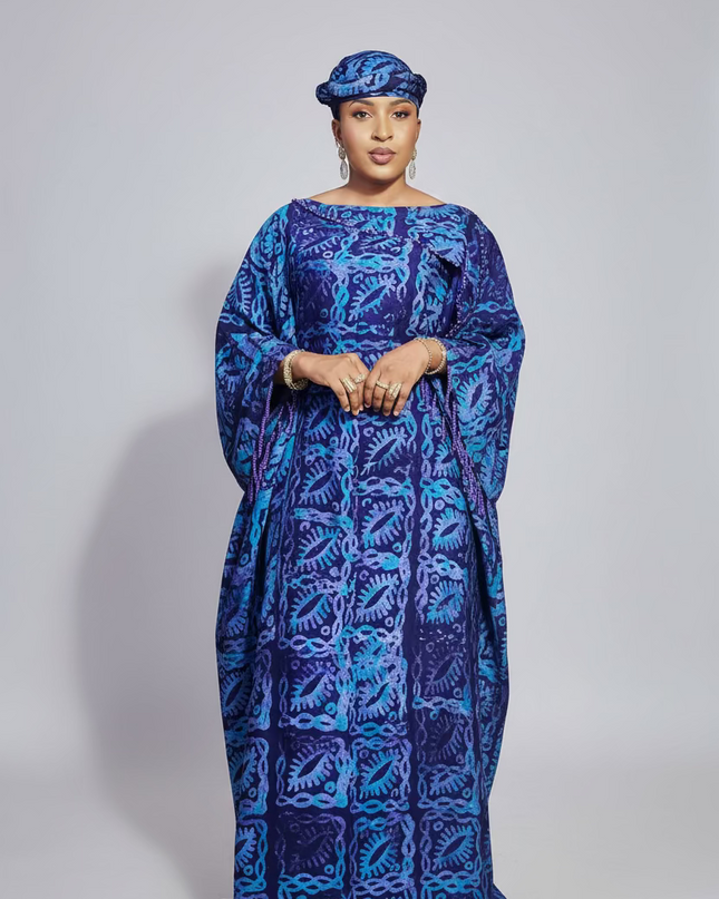 Boubou adire dempé perlé motunrayo - Bleu nuit
