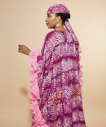 Boubou crepe adire à froufrou - Rose fuchsia